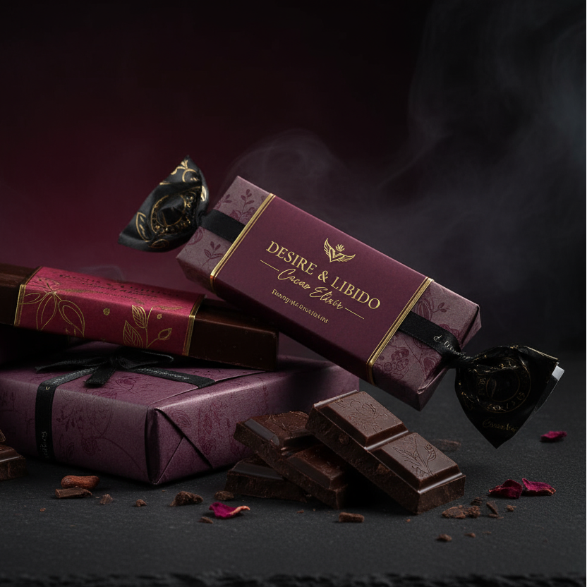 Libido Queens chocolate blocks that enhance sexual desire - both in wrappers and without on a dark theme background. 