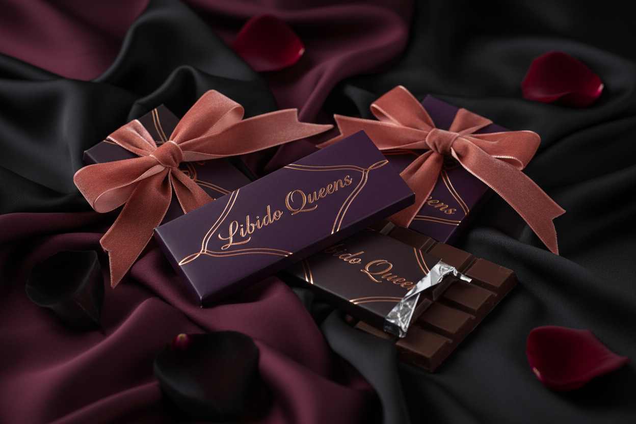 Use the words 'Libido Queens' with that exact spelling on dark chocolate bars with premium wrapping that entice people to want to buy. Libido Queens chocolates enhance sexual appetite and desire so make the image sexy & sensual.